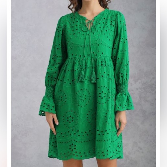 Dresses & Skirts - Green EYELET EMBROIDERY TASSEL STRING DOLLY DRESS Size L